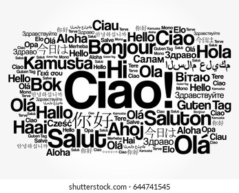 Ciao (Hello Greeting in Italian) word cloud in different languages of the world, background concept