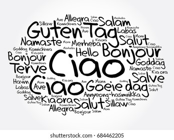 Ciao (Hello Greeting in Italian) word cloud in different languages of the world, background concept