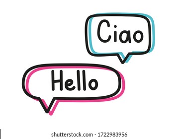 Ciao hello. Handwritten lettering illustration. Black vector text in blue and yellow neon speech bubbles. Simple outline style