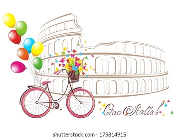 Ciao Italia text with Colosseum and bicycle. Romantic postcard from Rome, Italy. Vector illustration.