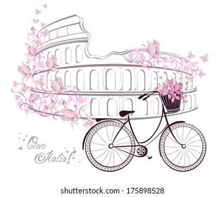 Ciao Italia text with Colosseum and bicycle. Romantic postcard from Rome, Italy. Vector illustration.