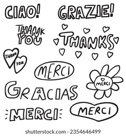 Ciao, Merci, Gracias, Grazie. Words in Italian, French, Spanish, Portuguese. In English it mean - thank you. Set of hand drawn illustrations. 