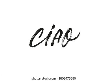 Ciao word, ink brush vector lettering. Modern phrase handwritten vector calligraphy. Hello in Italian. Black paint lettering isolated on white background. Postcard, greeting card, t shirt print. 