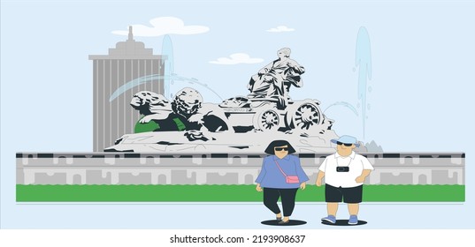 Cibeles Fountain - a fountain in the square of the same name in Madrid, Spain. old man and woman walking in front of Cibeles Fountain. vector illustration
