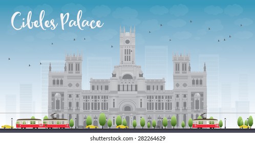 Cibeles Palace (Palacio de Cibeles), Madrid, Spain. It was home to the Postal and Telegraphic Museum until 2007. Vector illustration. Business travel and tourism concept with historic buildings.