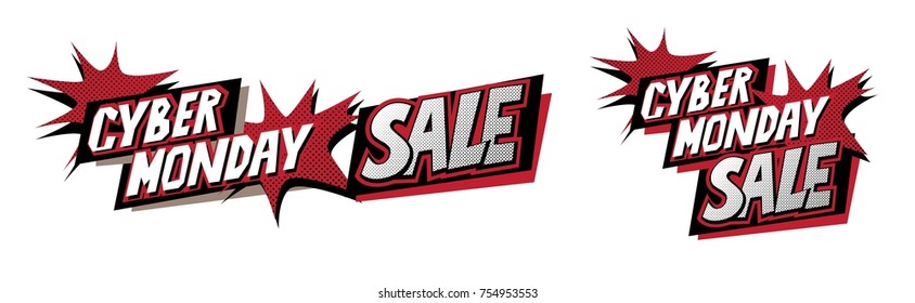 Ciber monday sale banner set in pop art style. Hand drawn lettering quotes, emblems, signs for Sale seasons in pop art style. For banners, prints, posters, web, presentation. Vector illustration