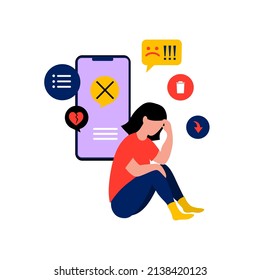 Ciberbullying. Girl has her head down and is crying over comments and dislikes from her phone. Bullying on the internet causes severe consequences. Vector flat illustration, cartoon style.