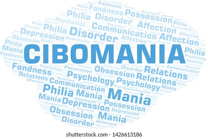 Cibomania word cloud. Type of mania, made with text only.