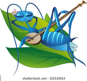 Cicada con un banjo tirado en una hoja