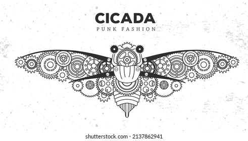 Cicada or butterfly silhouette with gears. Punk style. Vector illustration