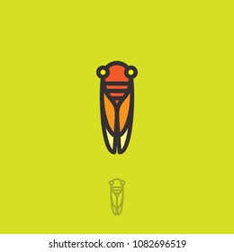 Cicada flat logo. Cicada icon. Linear logo. Yellow-orange small cicada on a green background. Monochrome option.