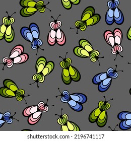 Cicada Insect Cartoon Illustration Vector Seamless Pattern.  Baby Cloth Fabric Print. Fly Bug Abstract Repeating Summer Pattern. Children Drawing Wallpaper.