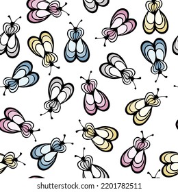 Cicada Insect Cartoon Illustration Vector Seamless Pattern.  Baby Cloth Fabric Print. Fly Bug Abstract Repeating Summer Pattern. Children Drawing Doodle Design.