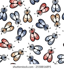 Cicada insect cartoon illustration vector seamless pattern.  Baby cloth fabric print. Moth butterfly repeating summer pattern. Children drawing sketch design.