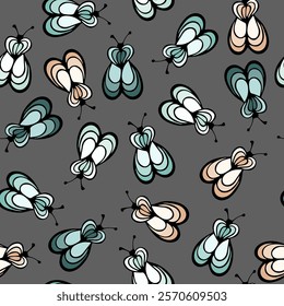 Cicada insect cartoon illustration vector seamless pattern.  Baby cloth tissue print. Lady bug abstract repeating summer pattern. Children drawing wallpaper.