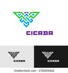 Cicada insect creative color logo. Cornered wide lines style symbol with text.
