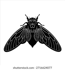 Arte vectorial de la ilustración de la silueta del insecto de la cigarra en fondo blanco. Alas detalladas y cuerpo de cigarra para el Diseño gráfico. Elemento de naturaleza al aire libre.