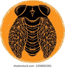 Cicada on an orange circle of light. Vector element.