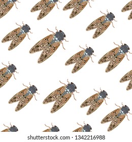 Cicada seamless pattern, entomology textile print, vector illustration