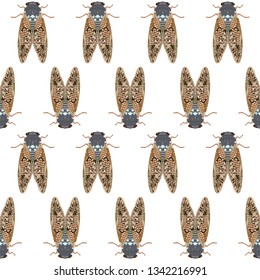 Cicada seamless pattern, entomology textile print, vector illustration