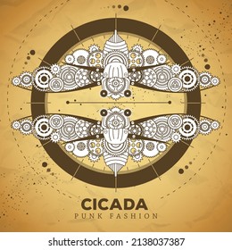 Cicada silhouette with gears on old paper texture background. Punk style. Vector illustration