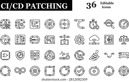 CICD Patching and Self-Healing Pipeline Icon Set - Vector Line Art DevOps Automated Repair Maintenance and Software Quality Analytics