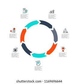 Cicle arrows for infographic with thin line icons. Template for diagram, graph, presentation and round chart. Business concept with 7 options, parts, steps or processes.