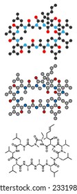 Ciclosporin (cyclosporine) immunosuppressant drug molecule. Used to prevent rejection of transplanted organs and for a number of other uses. Conventional skeletal formula and stylized representations.