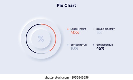 Cicular pie diagram with percentage indication. Concept of proportion of shares in business model. Neumorphic infographic design template. Vector illustration for presentation, statistical report.