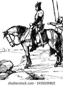 Cid Campeador, this scene shows a horse rider and soldiers walking behind him, vintage line drawing or engraving illustration