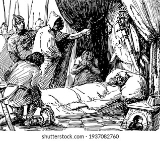 Cid Campeador, this scene shows death of man and other people sitting around him and crying, man holding cross over dead man, vintage line drawing or engraving illustration