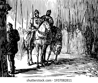 Cid Campeador, this scene shows two horse riders talking each other and one horse rider holding spear in one hand, one soldier walking and looking at them, vintage line drawing or engraving