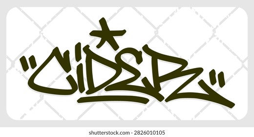 Cider beverage text word written in a hand drawn urban graffiti tag calligraphy style. Street art typography design with a crisp refreshing apple drink concept on fence backdrop clip art.