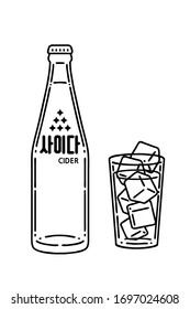 'Cider'. A Bottle Of Lemon-lime Soft Drink And A Glass Of Drink. A Type Of Soda In Korea. Vector Line Art Illustrations Set. The Letter On The Bottle Means Cider.