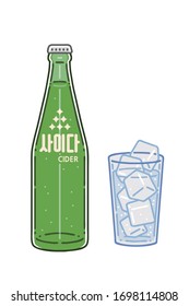 'Cider'. A bottle of lemon-lime soft drink and a glass of drink. A type of soda in Korea. Vector line art illustrations set. The letter on the bottle means cider.