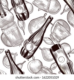Cider bottles seamless pattern. Fruit alcohol wallpaper. Restaurant and bar menu concept. Vintage engraved style. Monochrome vector illustration.