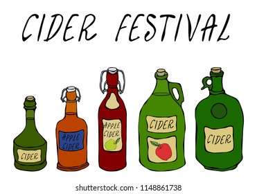 Cider Festival. Apple or Pear Cider in Different Glass Vintage Bottles. Home Brew. Autumn or Fall Vegetable Harvest Collection. Realistic Hand Drawn High Quality Vector Illustration. Doodle Style.