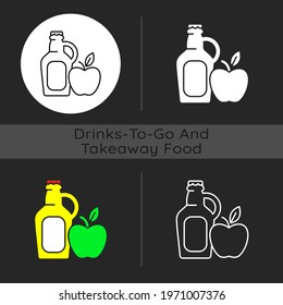 Cider to go dark theme icon. Fermented apple juice. Expressed fruit beverage. Alcoholic, nonalcoholic drink varieties. Linear white, simple glyph and RGB color styles. Isolated vector illustrations