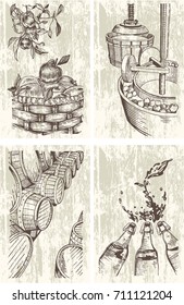 Cider Hand-drawn set. Cidermaking process illustrations in engraved style. Vector. 