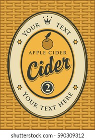 Cider label in a frame on the basket background with apple and crown