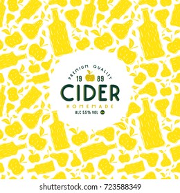 Cider label and frame with pattern. Illustration in linocut style