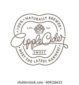 Logotipo y etiqueta de la sidra. Grabado retro. Etiqueta de sidra de manzana y cesta de manzanas.
