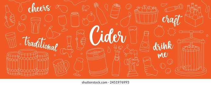 Cider outline set. Wooden barrels, cans, glasses, mugs, metal keg, bottle opener, tap. Hand drawn fruit beer collection. Cider process production.