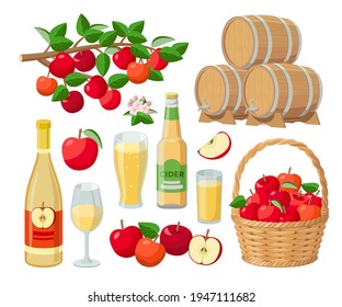 Cider set, red apples, bottles of cider, barrels, apples in basket, on branch with leaves. Apple harvest decorative elements, vector illustration set in flat design isolated on white background.