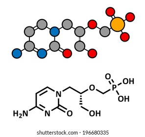 Cidofovir cytomegalovirus (CMV, HCMV) drug, chemical structure. Can probably also be used against smallpox infection. Conventional skeletal formula and stylized representation.