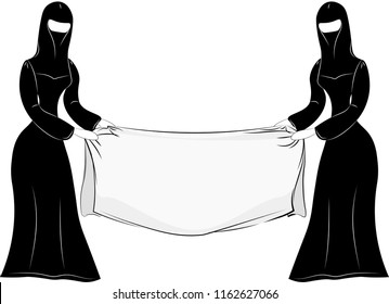 Cidrat eastern Muslim woman in national dress - Chadra, Hijab, burqa, Nikab. With an empty streamer on an isolated background.

