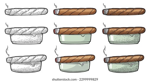 Cigar y cenicero. Ilustración de color y negro con grabado vectorial aislado en fondo blanco.