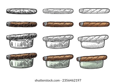 Cigar y cenicero. Ilustración de color y negro con grabado vectorial aislado en fondo blanco.