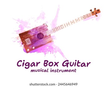 Guitarra de caja de cigarros, instrumento musical con caída emocional de color y salpicadura en el fondo. Ilustración vectorial. Collage de arte sobre fondo blanco. Plantilla de diseño para festival de música, cartel, banner