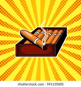 Caixa de charuto pop art desenhado à mão ilustração vetorial.